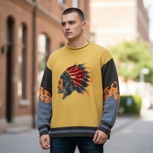 Vintage GSL 100% Wool Men's Graphic Crewneck Sweater in Yellow and Gray
